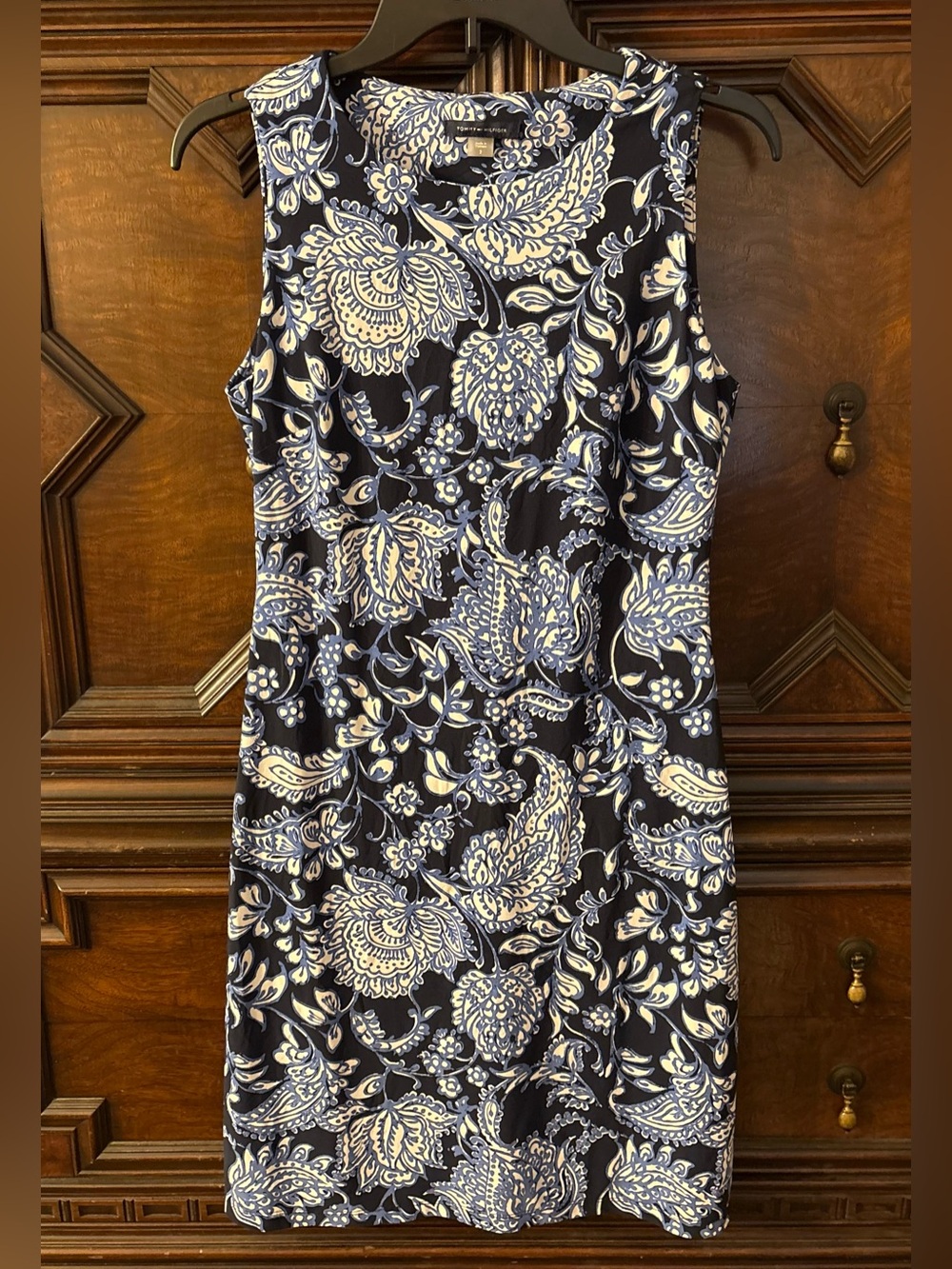 Tommy Hilfiger Navy Blue and White Paisley Sheath Dress
